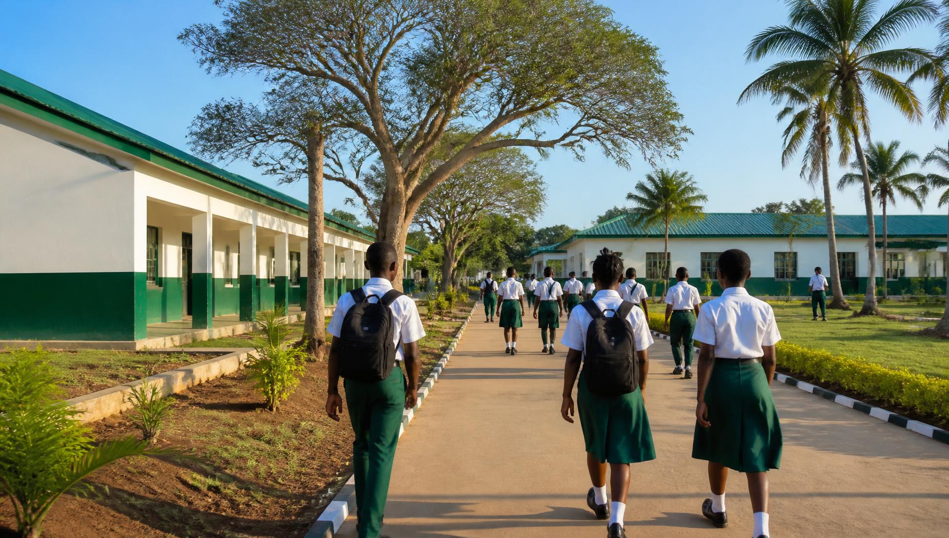 Students in green and white uniforms walking through the Mvindeni Secondary School campus